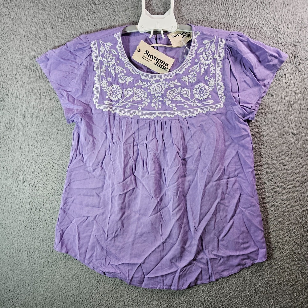 NEW Savanna Jane Boho Embroidered Top Women Small Floral White‎ Purple